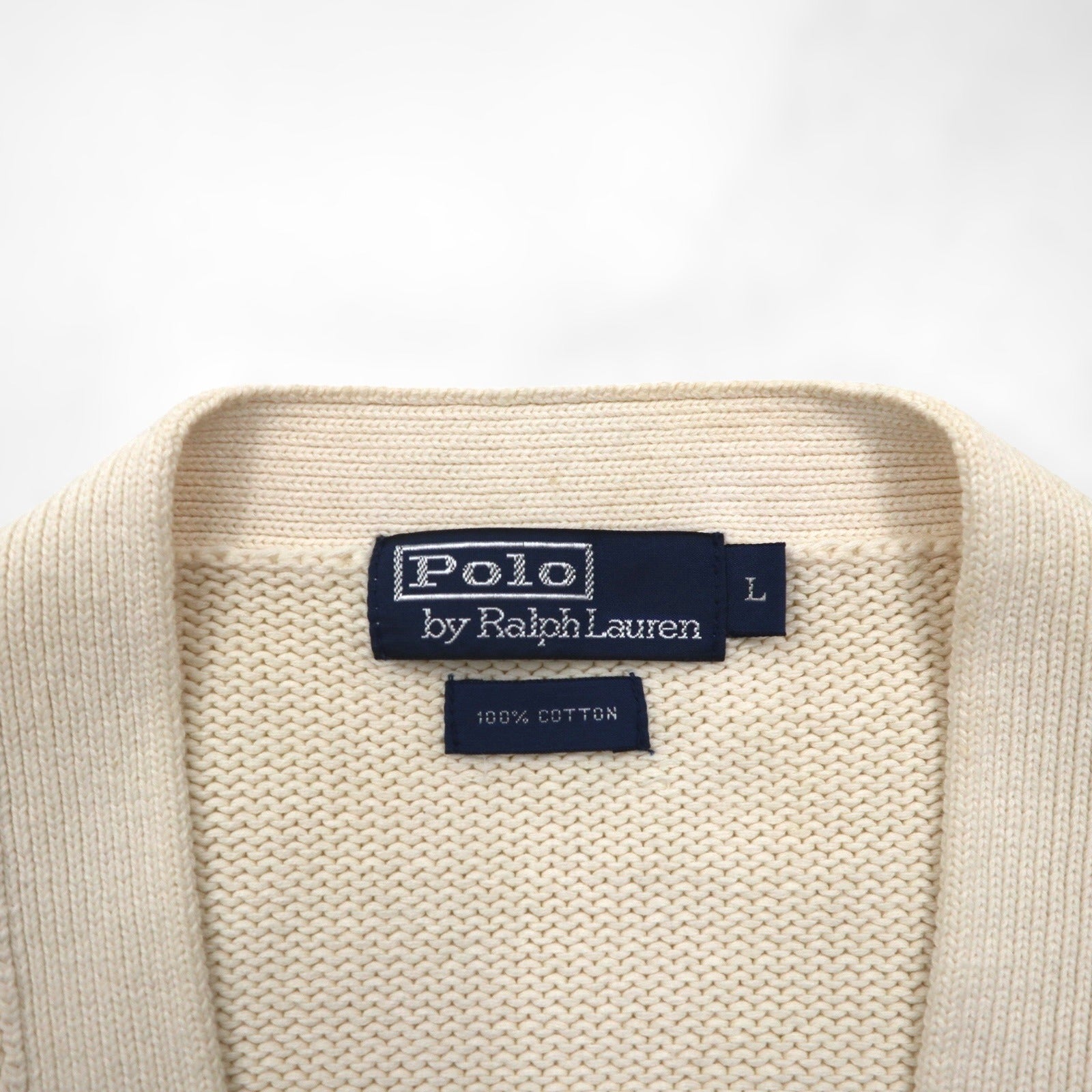 Polo Ralph Lauren 90年代 コットンニット カーディガン L オフホワイト 生成り スモールポニー刺繡 パッチポケット