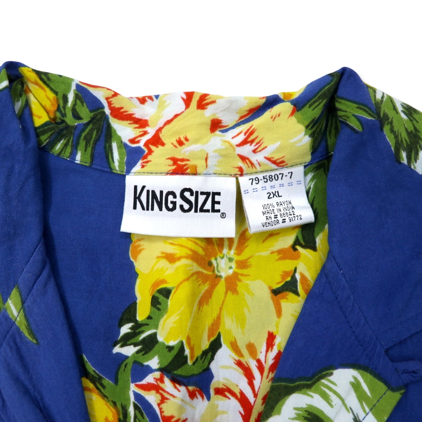 90年代 KING SIZE オープンカラー アロハシャツ 2XL ブルー レーヨン 花柄 ビッグサイズ