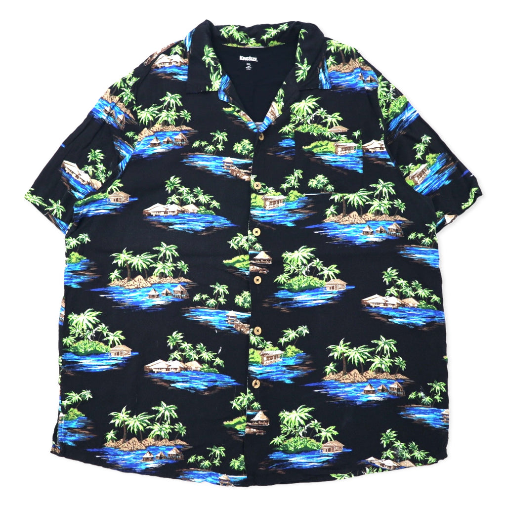 日本然リトテ-古着オンライン-KING SIZE オープンカラー アロハシャツ 2XL ブラック レーヨン 総柄 ビーチ ビッグサイズ-KING SIZE open collar Hawaiian Shirt 2XL black rayon patterned beach big size
