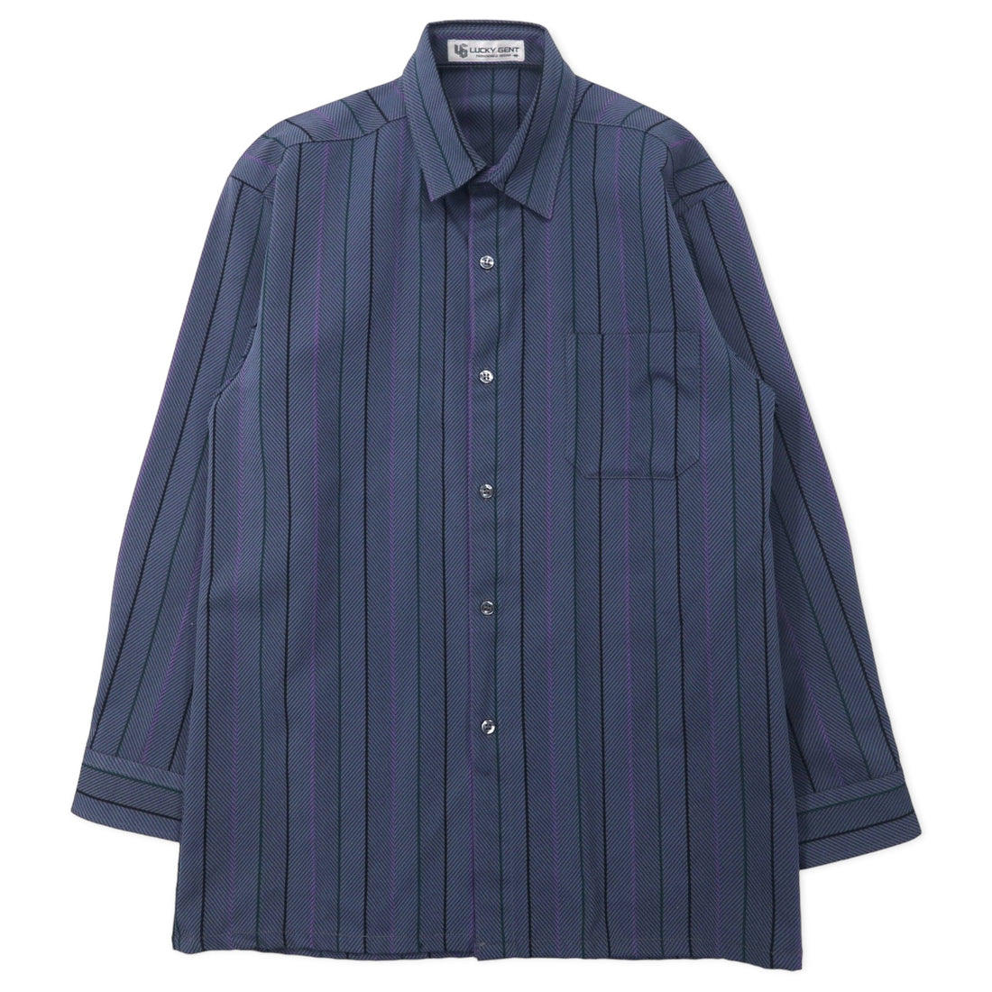日本然リトテ-古着オンライン-LUCKY GENT ポリシャツ M ネイビー ストライプ 総柄 ポリエステル 日本製-LUCKY GENT Poly Shirt M Navy Striped patterned Polyester Japan Made
