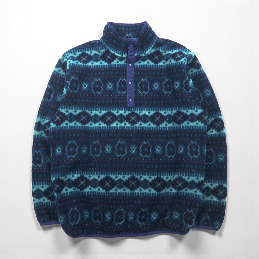 L.L.Bean 90年代 ハーフスナップ フリースジャケット L ネイビー スナップボタン 総柄 ノルディック
