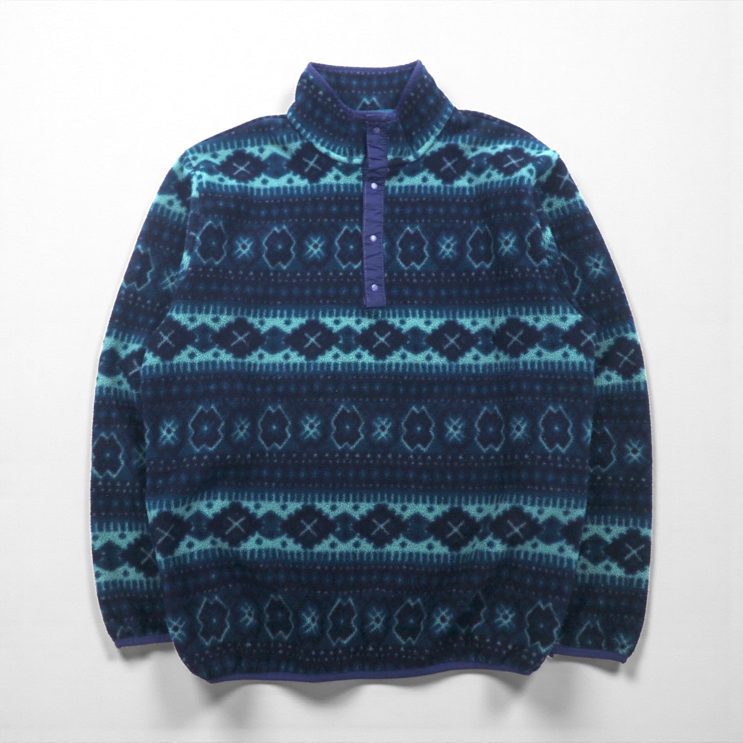 L.L.Bean 90年代 ハーフスナップ フリースジャケット L ネイビー スナップボタン 総柄 ノルディック