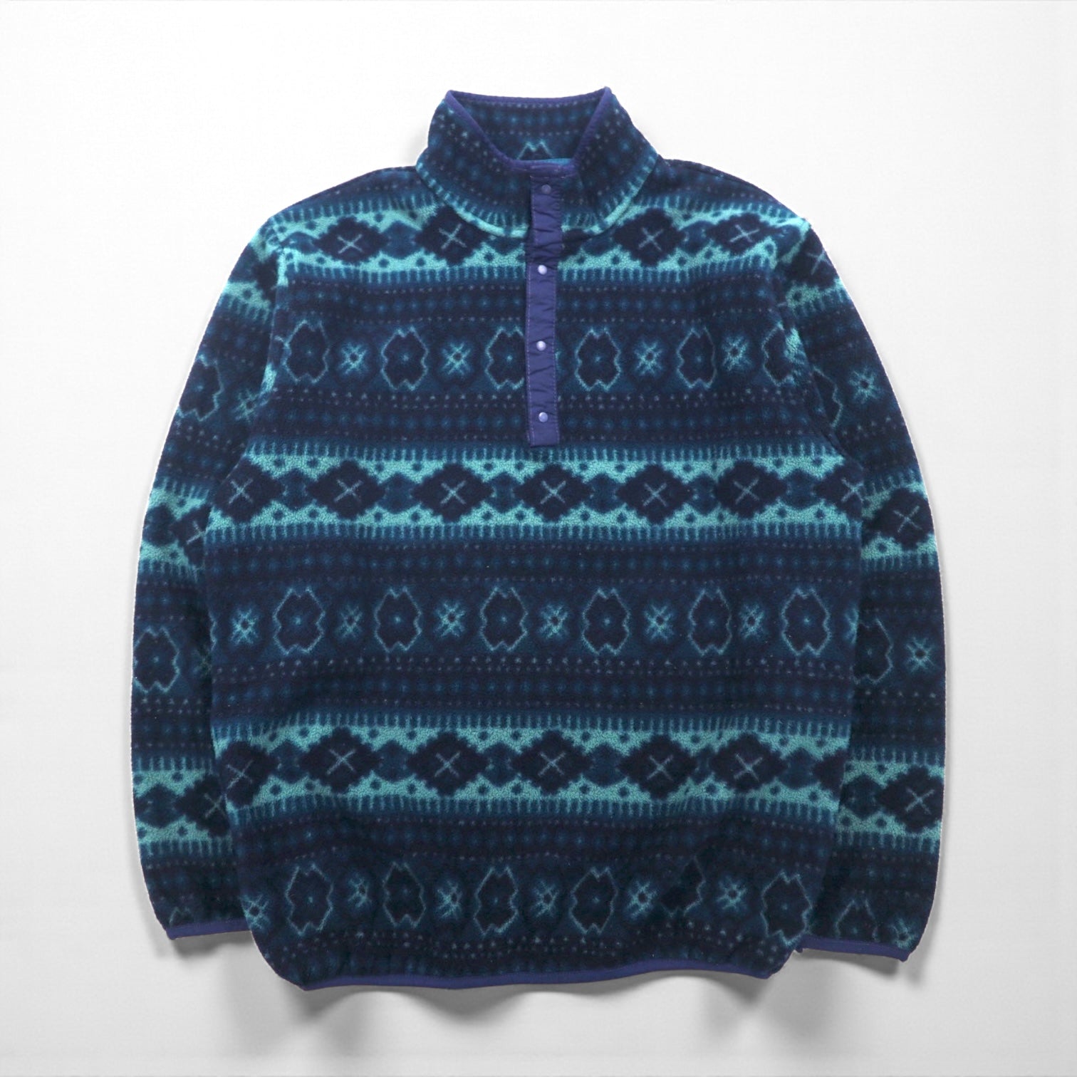 L.L.Bean 90年代 ハーフスナップ フリースジャケット L ネイビー スナップボタン 総柄 ノルディック