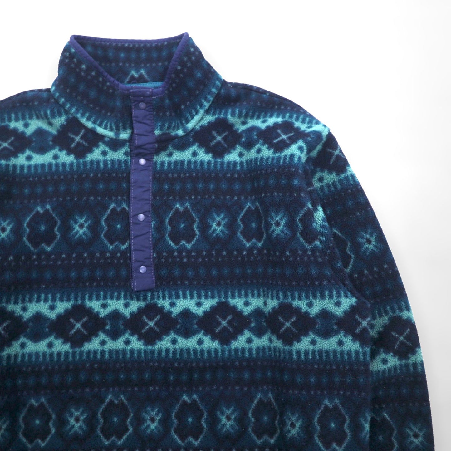 L.L.Bean 90年代 ハーフスナップ フリースジャケット L ネイビー スナップボタン 総柄 ノルディック