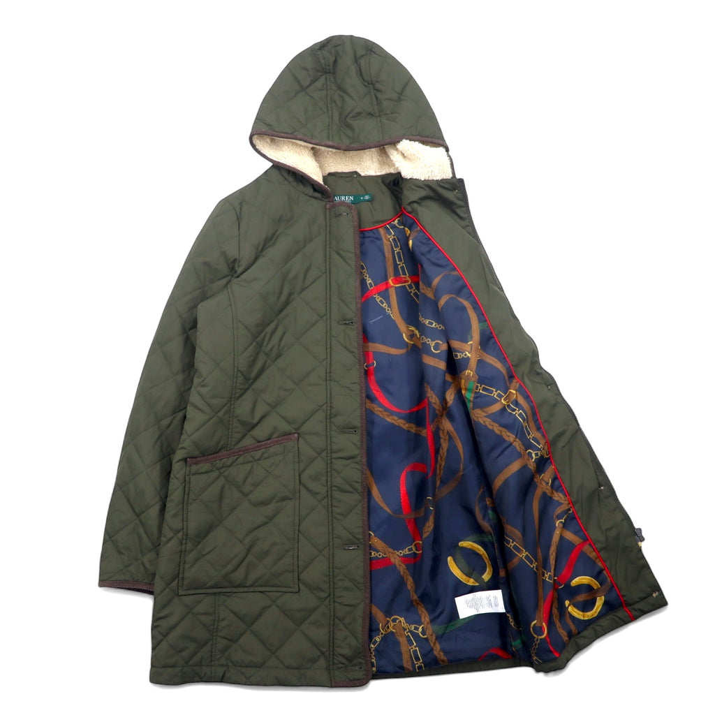 LAUREN RALPH LAUREN Hooded Quilted Jacket Coat L Khaki Polyester Scarf Pattern Lining