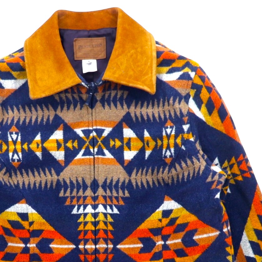 PENDLETON ネイティブ柄 ウール ジップアップジャケット ブルゾン S ネイビー マルチカラー 襟レザー エルサルバドル製