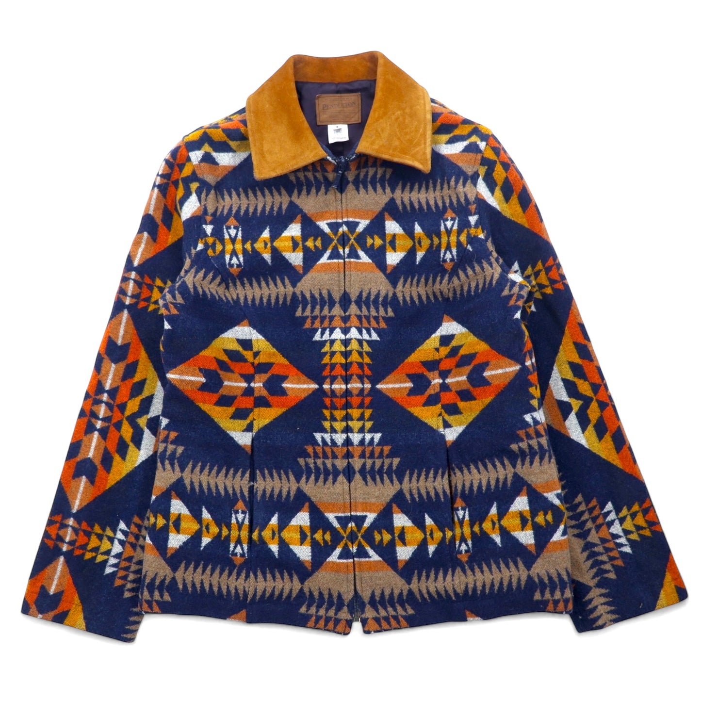 PENDLETON ネイティブ柄 ウール ジップアップジャケット ブルゾン S ネイビー マルチカラー 襟レザー エルサルバドル製