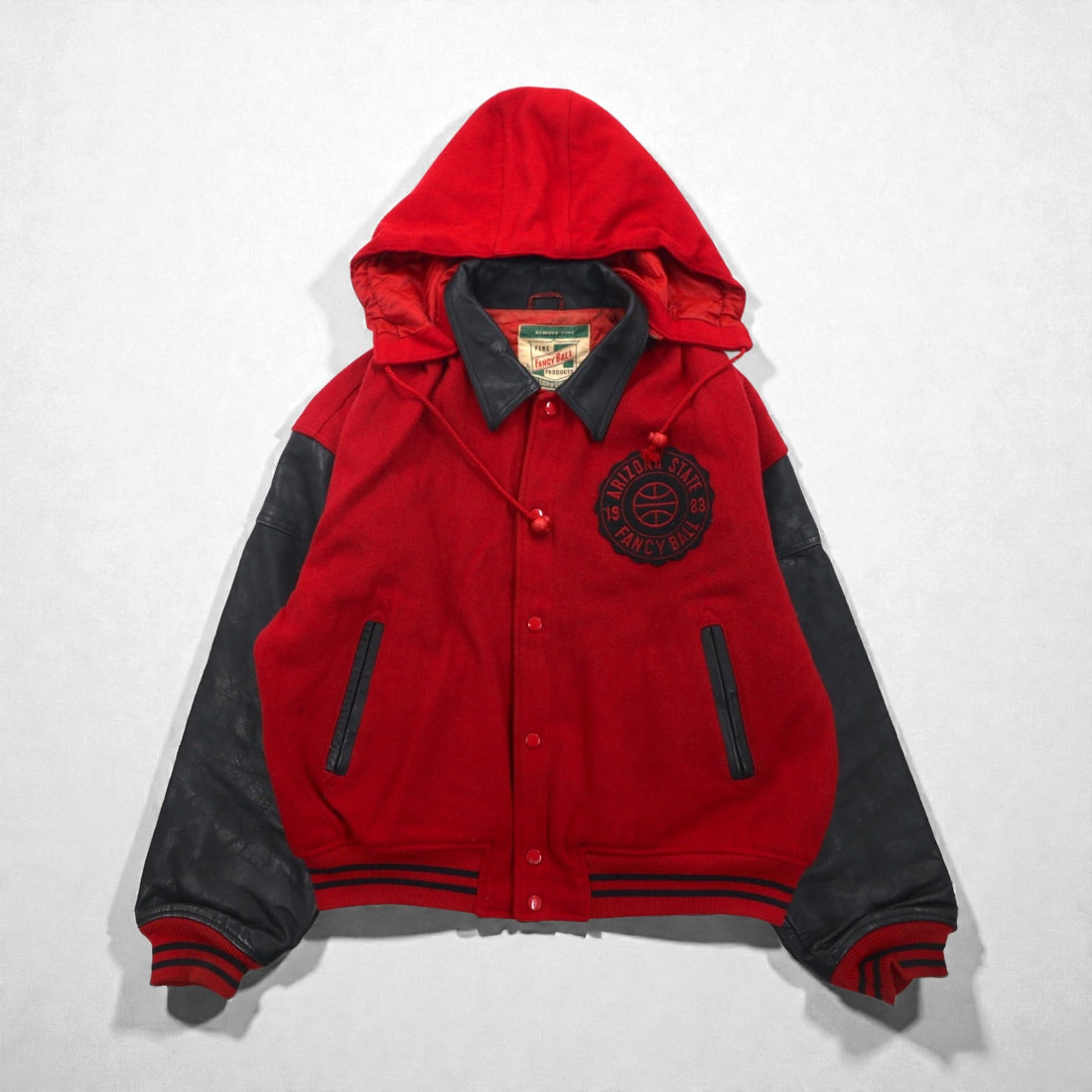 Vintage 80s Fancy Ball Varsity Jacket, Leather, Wool, Detachable Hood, Size L,