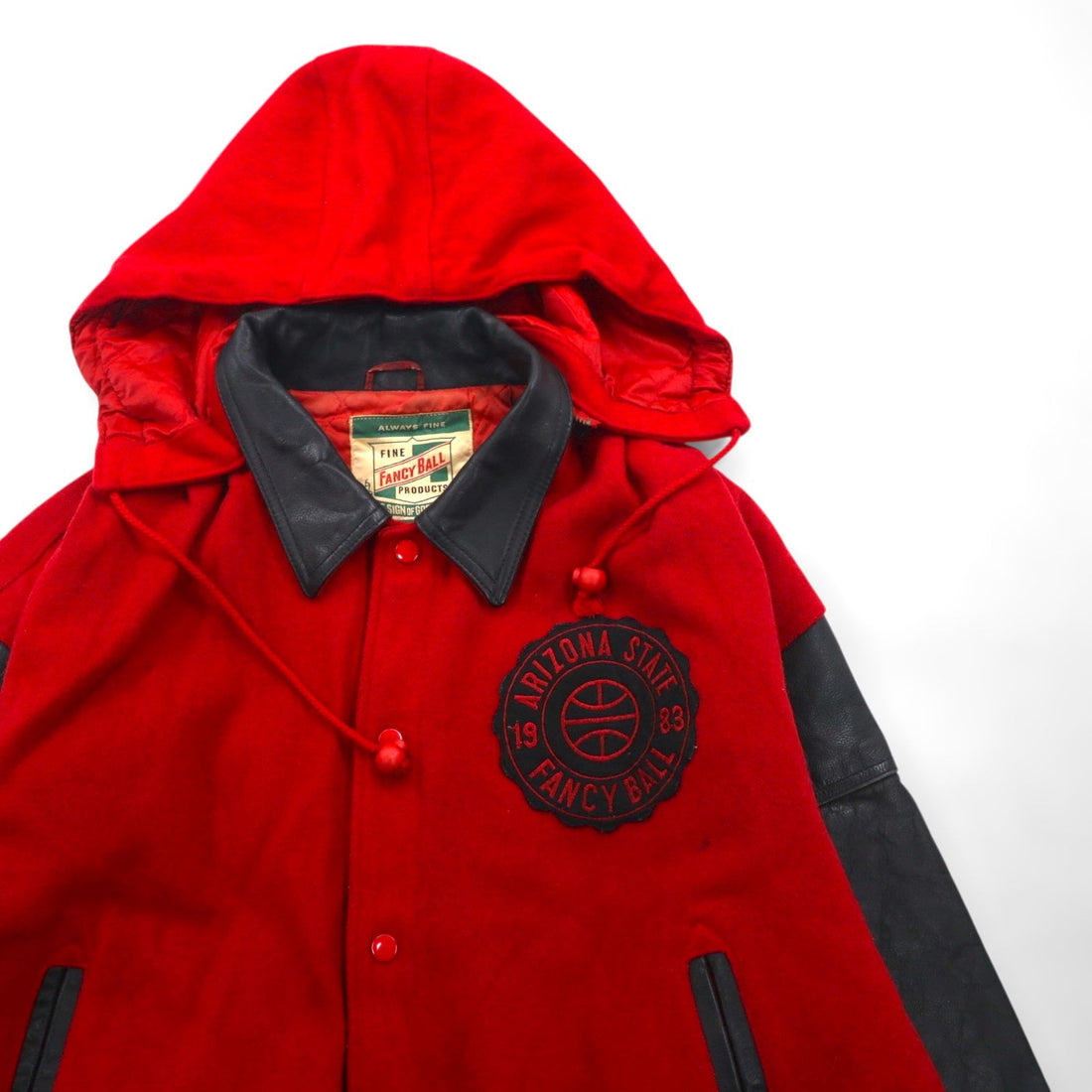 Vintage 80s Fancy Ball Varsity Jacket, Leather, Wool, Detachable Hood, Size L,