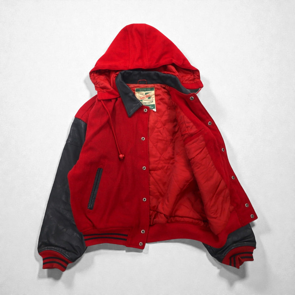 Vintage 80s Varsity Jacket FANCY BALL レザー切替 スタジャン L ウール フード着脱式 80年代
