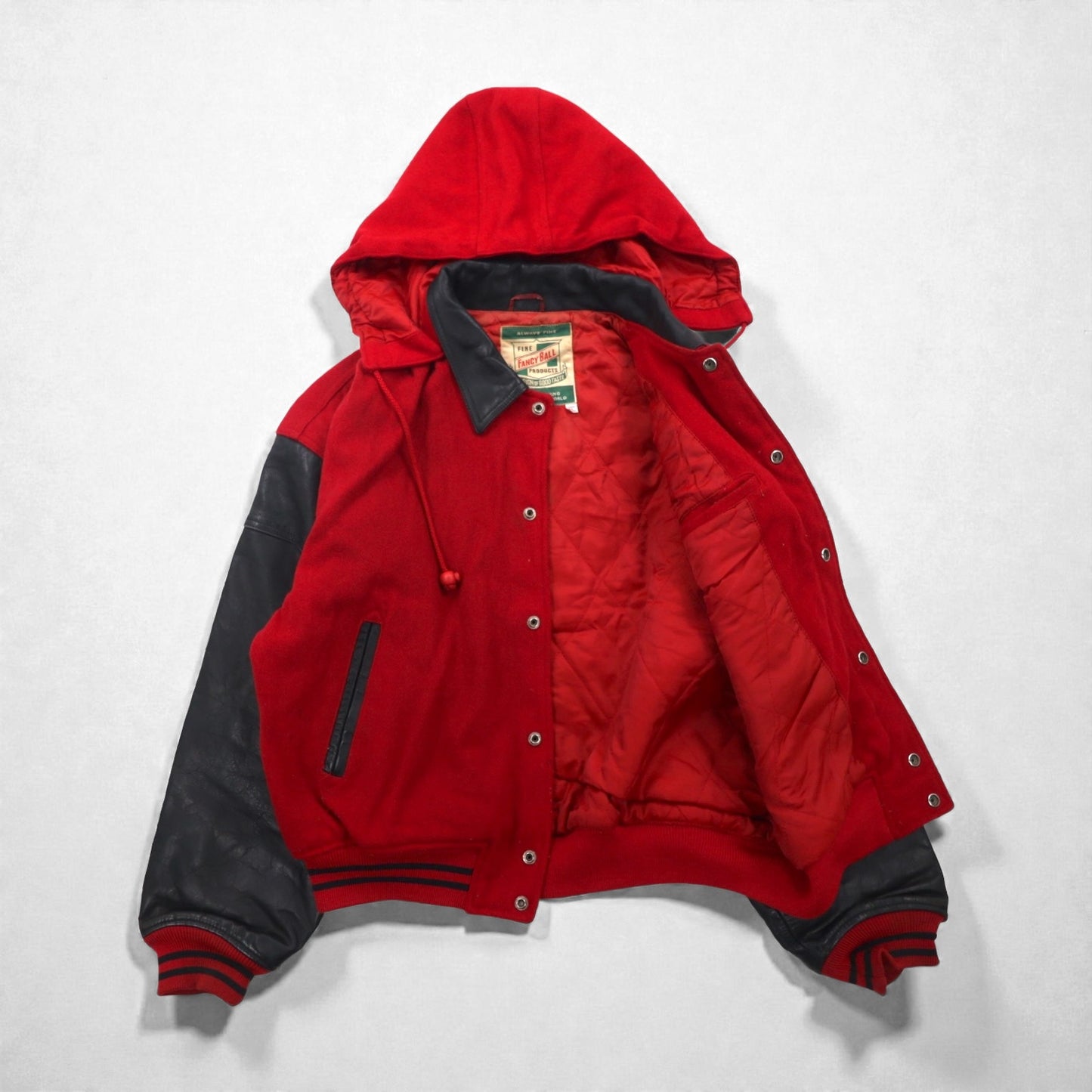 Vintage 80s Varsity Jacket FANCY BALL レザー切替 スタジャン L ウール フード着脱式 80年代