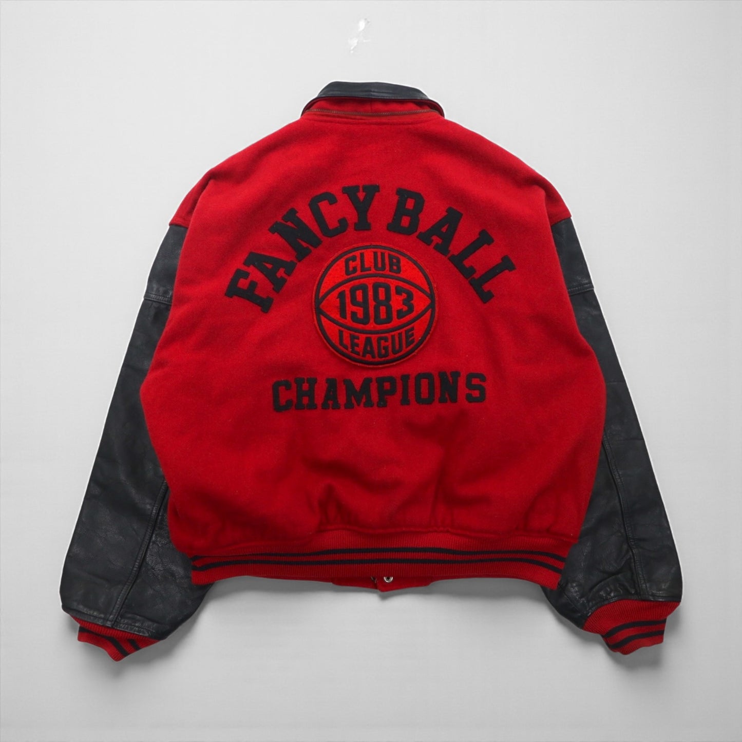 Vintage 80s Varsity Jacket FANCY BALL レザー切替 スタジャン L ウール フード着脱式 80年代