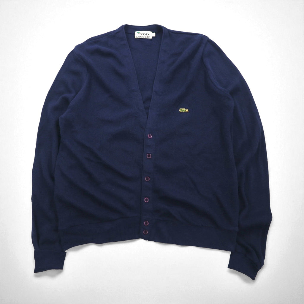 IZOD LACOSTE 70年代 糸巻きタグ アクリルニット カーディガン L ネイビー ワンポイントロゴ