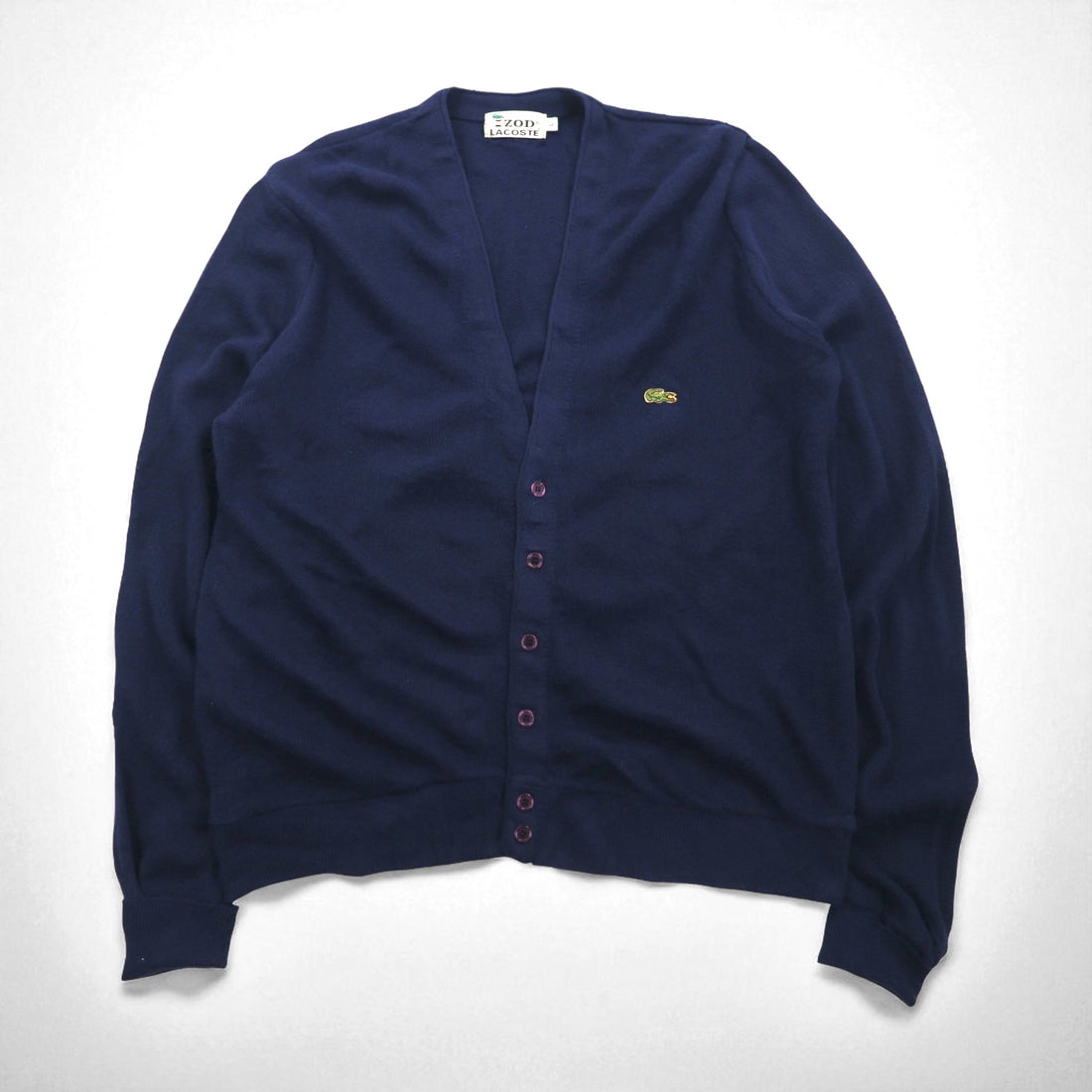 IZOD LACOSTE 70年代 糸巻きタグ アクリルニット カーディガン L ネイビー ワンポイントロゴ