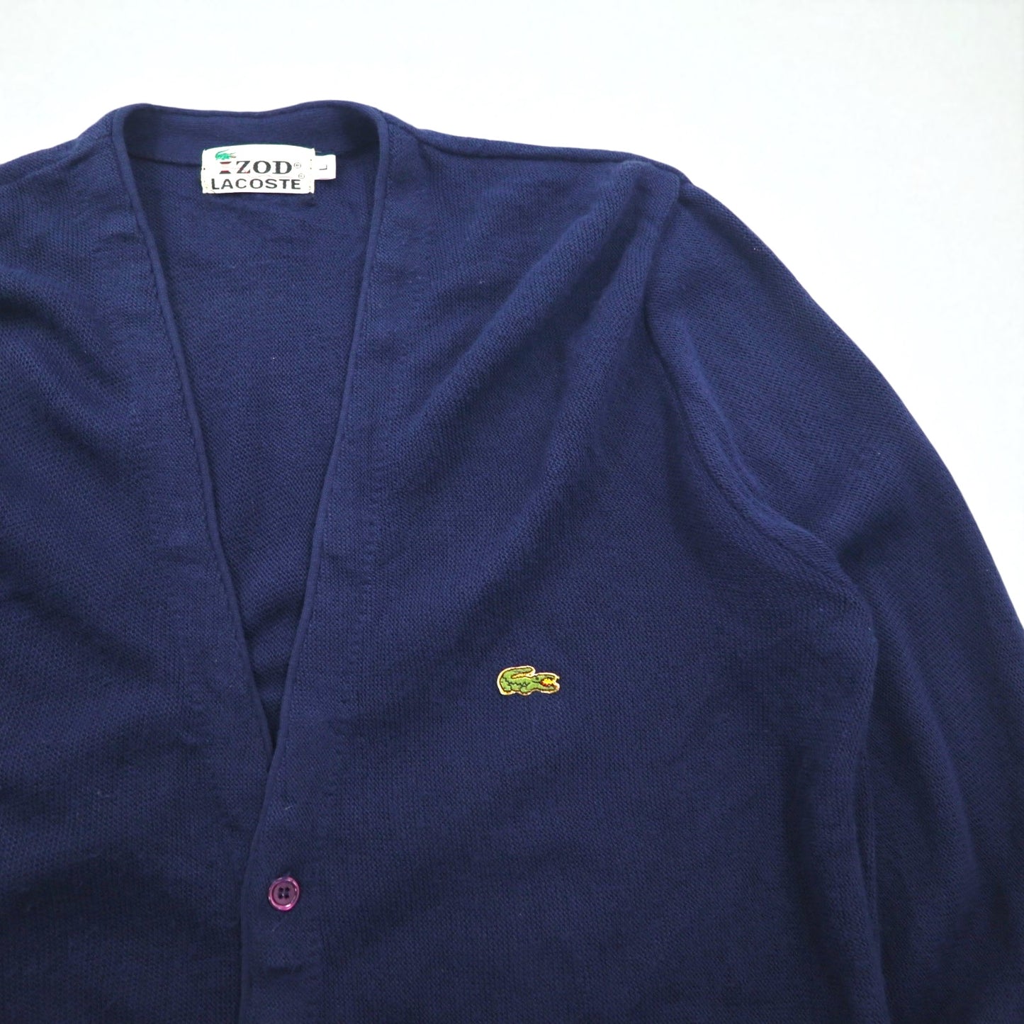 IZOD LACOSTE 70年代 糸巻きタグ アクリルニット カーディガン L ネイビー ワンポイントロゴ