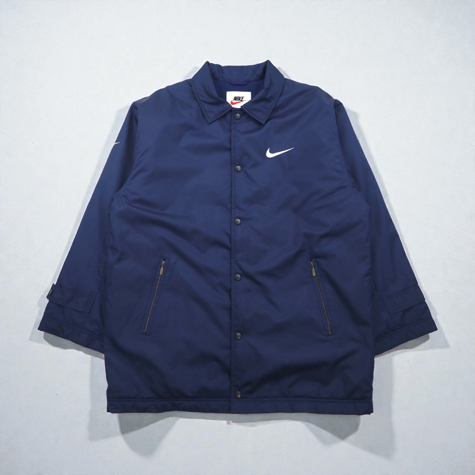 NIKE 90年代 銀タグ コーチジャケット L ネイビー ナイロン ロング丈 スナップボタン