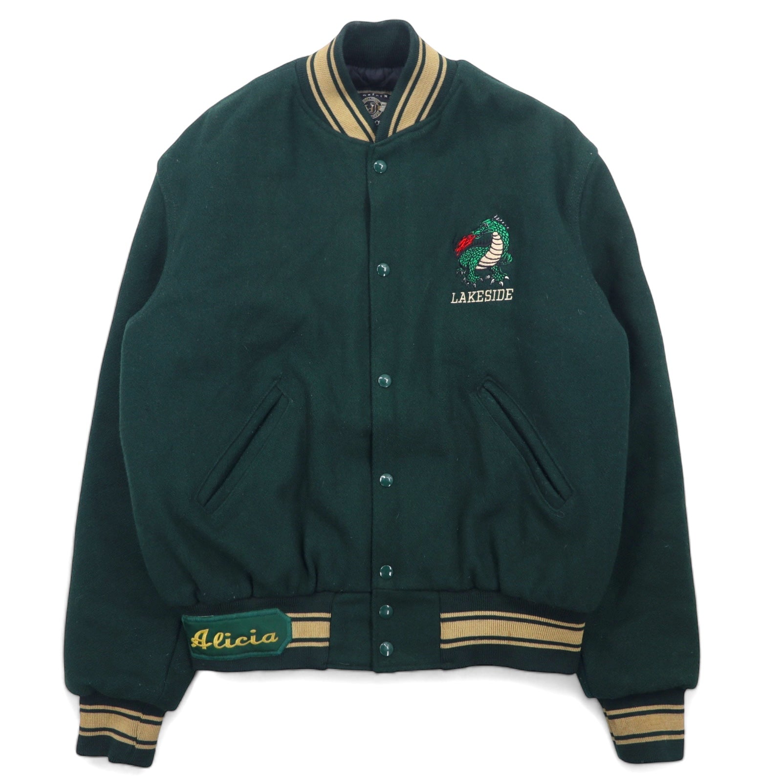 日本然リトテ-古着オンライン-USA製 90年代 HOLLOWAY リブライン メルトン スタジャン M グリーン ウール LAKESIDE 刺繍 Alicia-USA Made 90's HOLLOWAY Ribline Melton Varsity Jacket M Green Wool LAKESIDE Embroidery Alicia