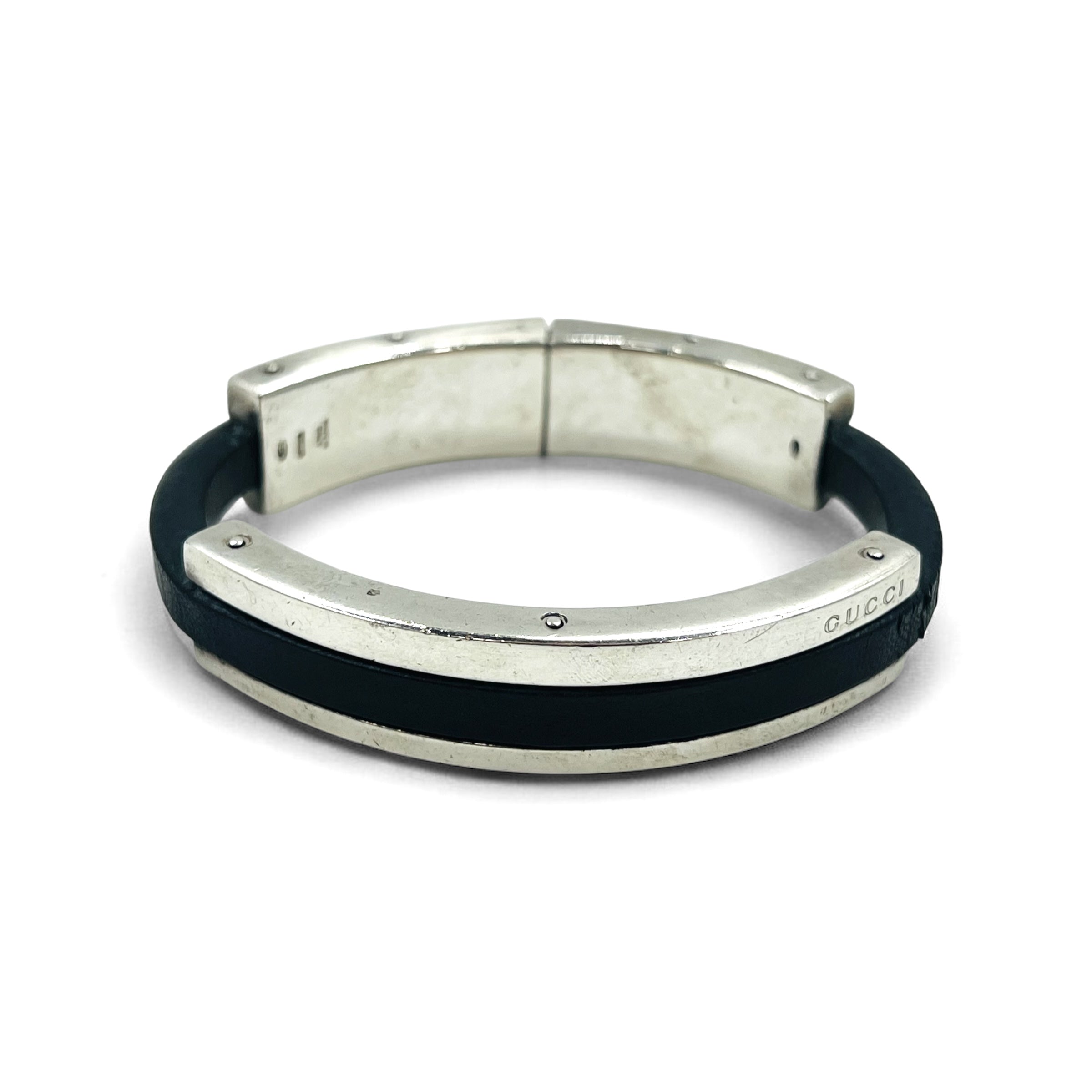 GUCCI Leather Silver Bangle Bracelet Silver 925 Black Made in Italy