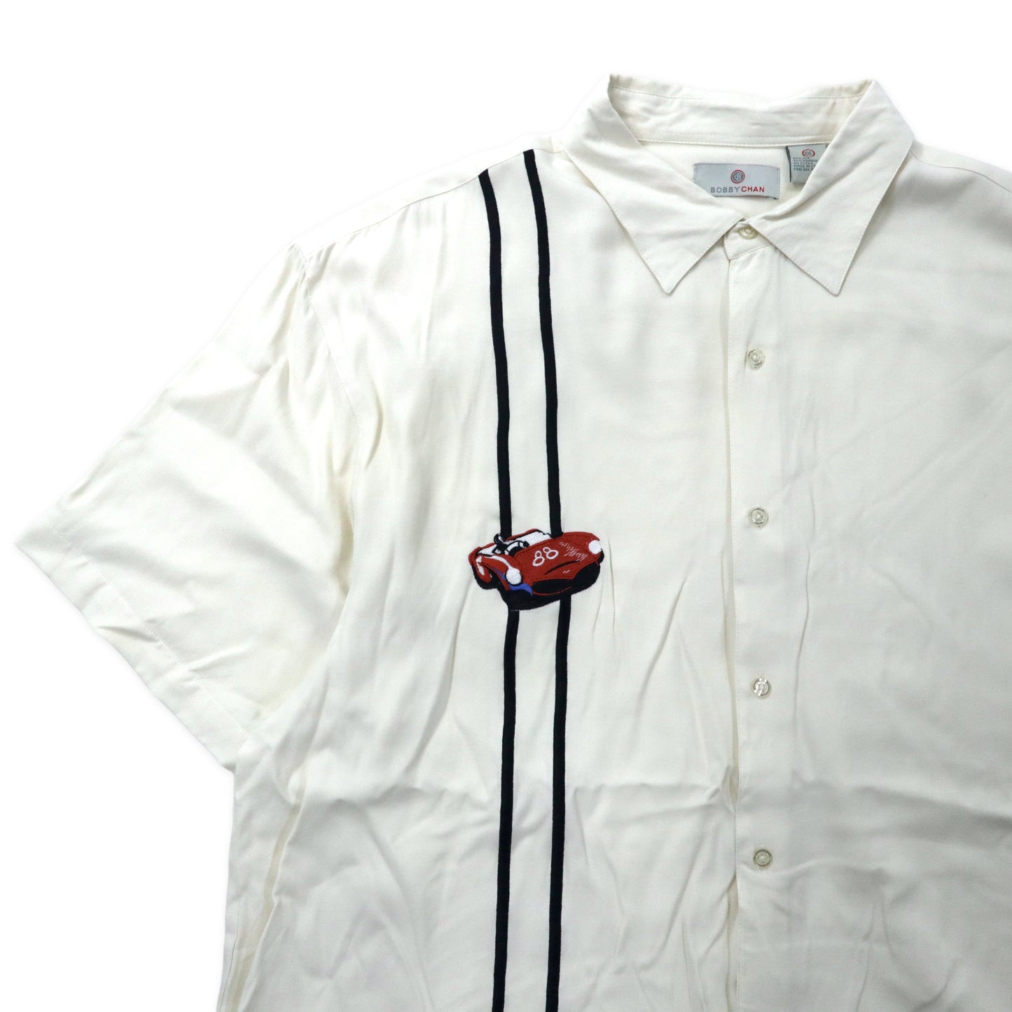 BOBBY CHAN アロハシャツ XXL ホワイト シルク ライン刺繍 レーシングカー ビッグサイズ