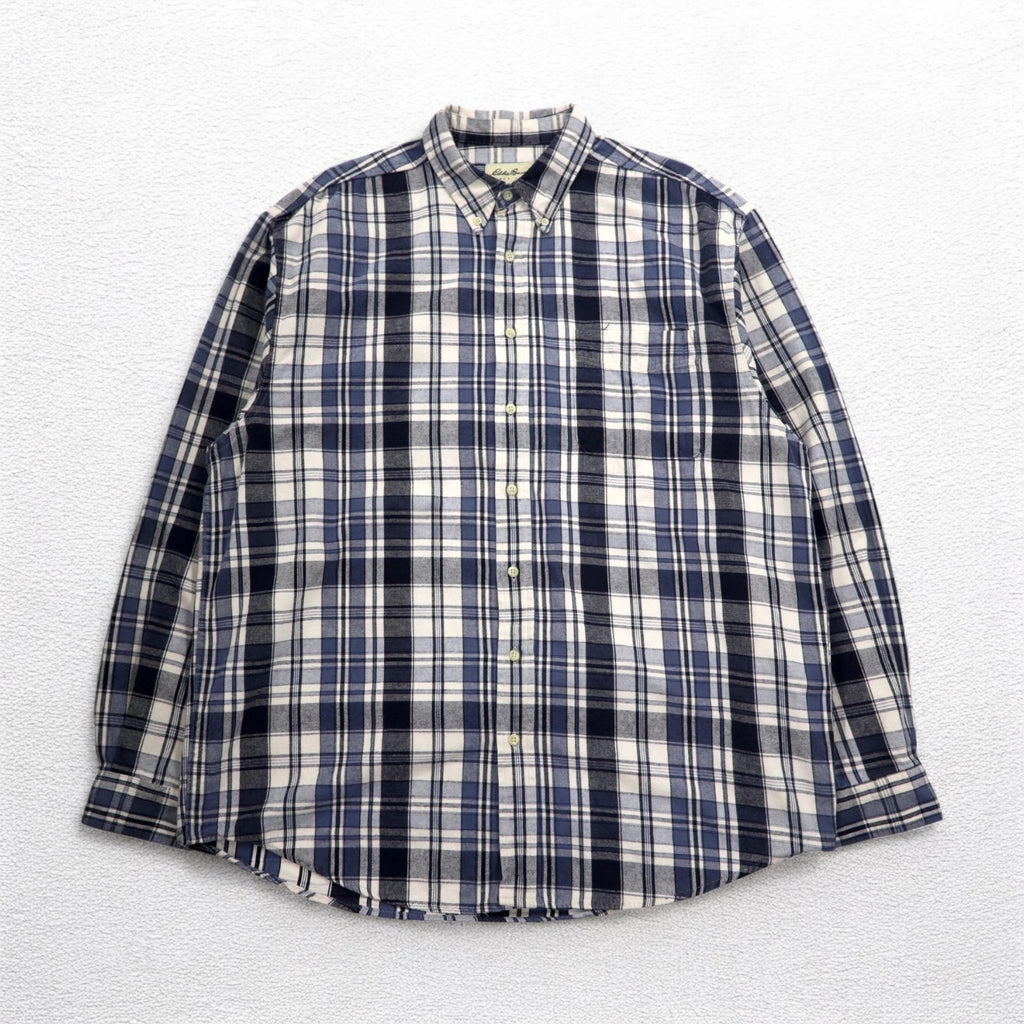 Eddie Bauer 90s Button-Down Flannel Shirt, XL, White, Navy, Check, Cotton