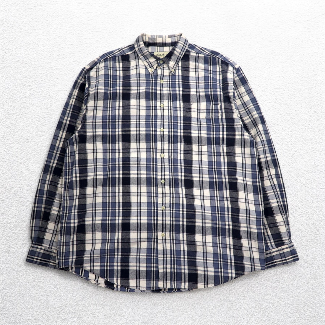 Eddie Bauer 90s Button-Down Flannel Shirt, XL, White, Navy, Check, Cotton