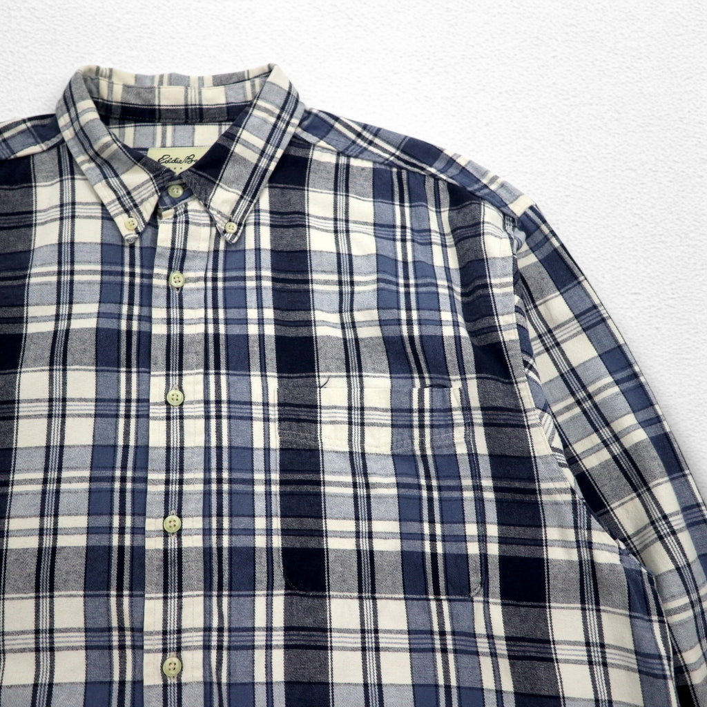 Eddie Bauer 90s Button-Down Flannel Shirt, XL, White, Navy, Check, Cotton