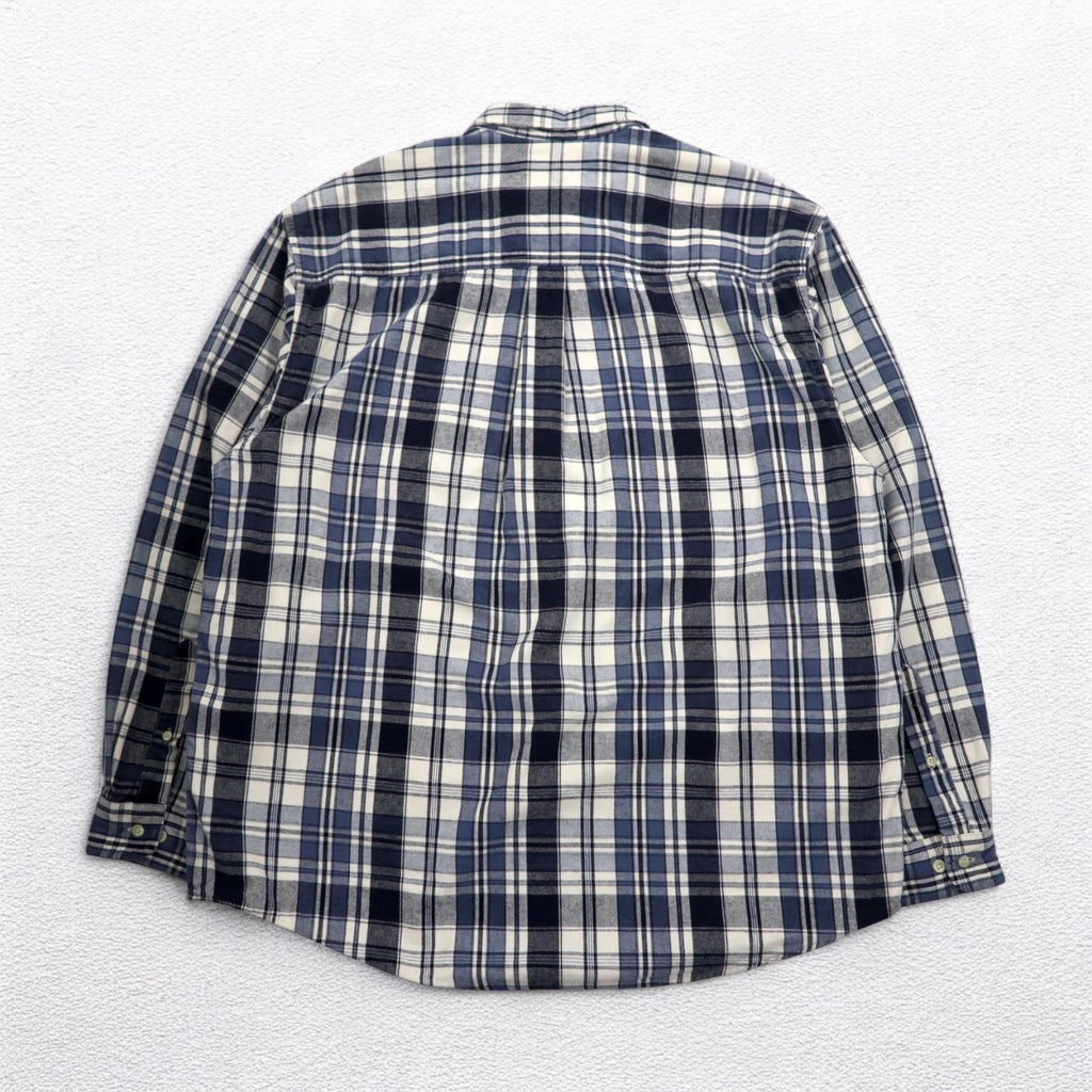Eddie Bauer 90s Button-Down Flannel Shirt, XL, White, Navy, Check, Cotton