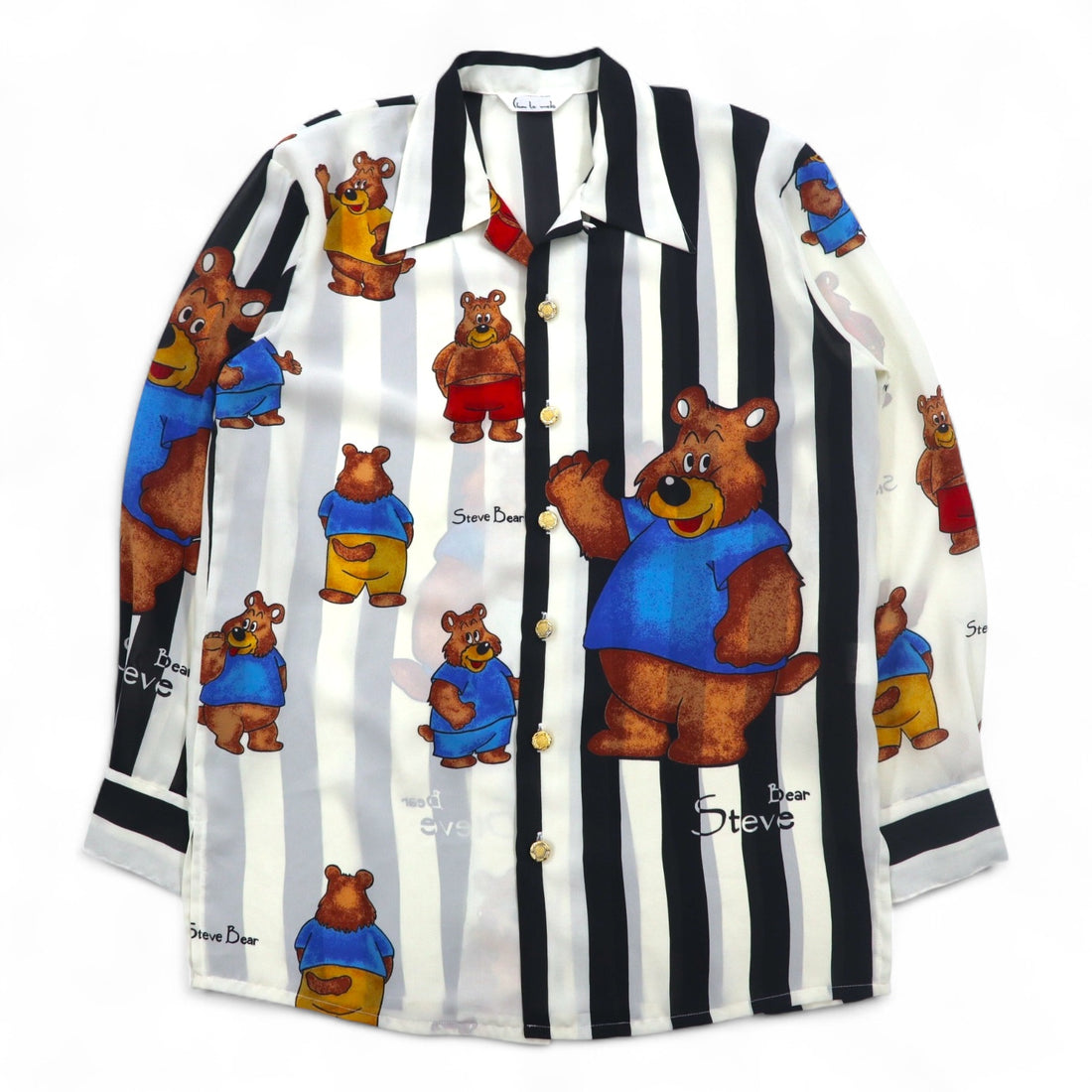Vintage 90s Japan Made Open Collar Retro Shirt Open collar poly shirt M Stripe All-over pattern Teddy bear Gold buttons Retro Made in Japan