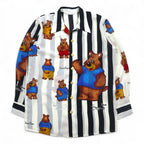 Vintage 90s Japan Made Open Collar Retro Shirt Open collar poly shirt M Stripe All-over pattern Teddy bear Gold buttons Retro Made in Japan