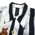 Vintage 90s Japan Made Open Collar Retro Shirt Open collar poly shirt M Stripe All-over pattern Teddy bear Gold buttons Retro Made in Japan