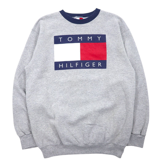 日本然リトテ-古着オンライン-TOMMY HILFIGER 90年代 USA製 フラッグロゴ プリント スウェット XL グレー コットン-TOMMY HILFIGER 90's USA Made Flag Logo Print Sweatshirt XL Gray Cotton