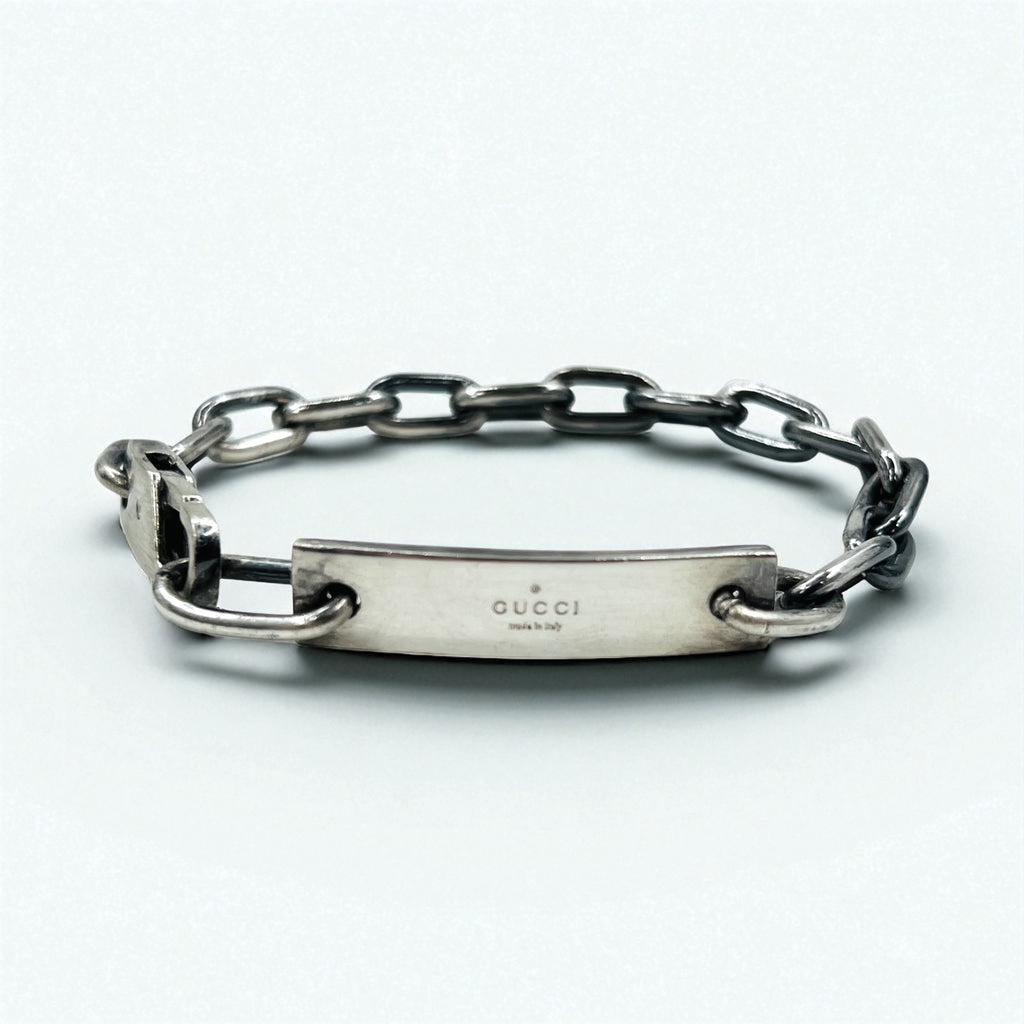 GUCCI Vintage ID Silver Chain Bracelet SV925 Logo Plate Made in Italy