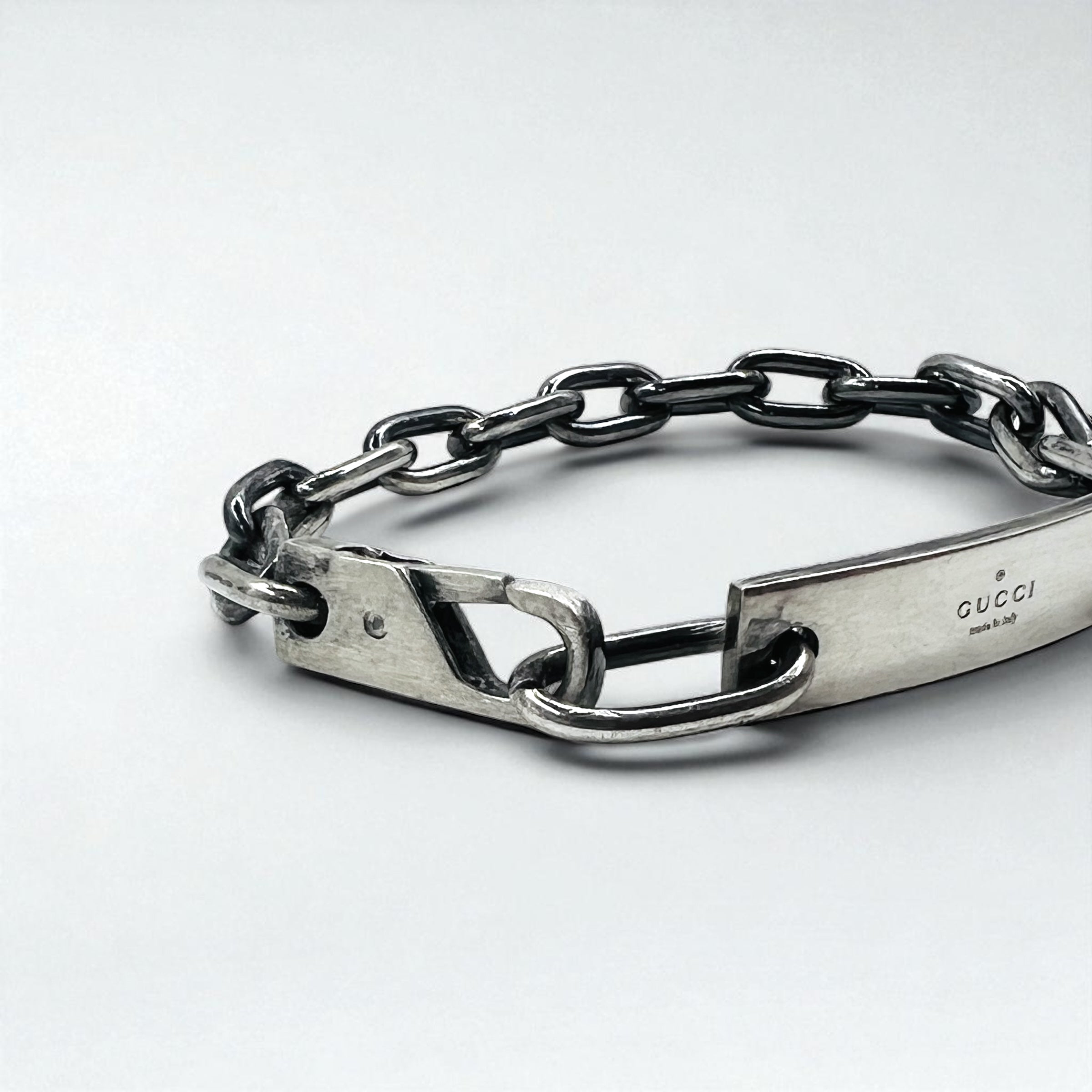 GUCCI Vintage ID Silver Chain Bracelet SV925 Logo Plate Made in Italy