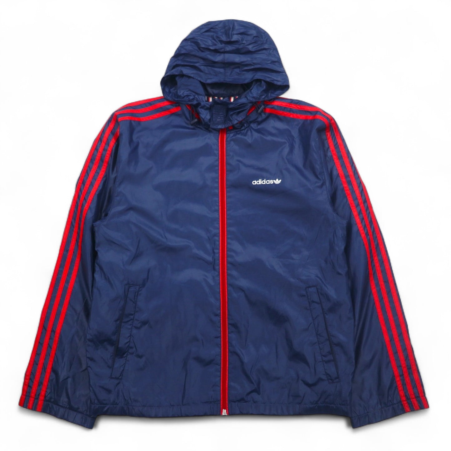 adidas originals 00年代 ナイロンジャケット ジャージ S ネイビー 3ストライプ フード収納式