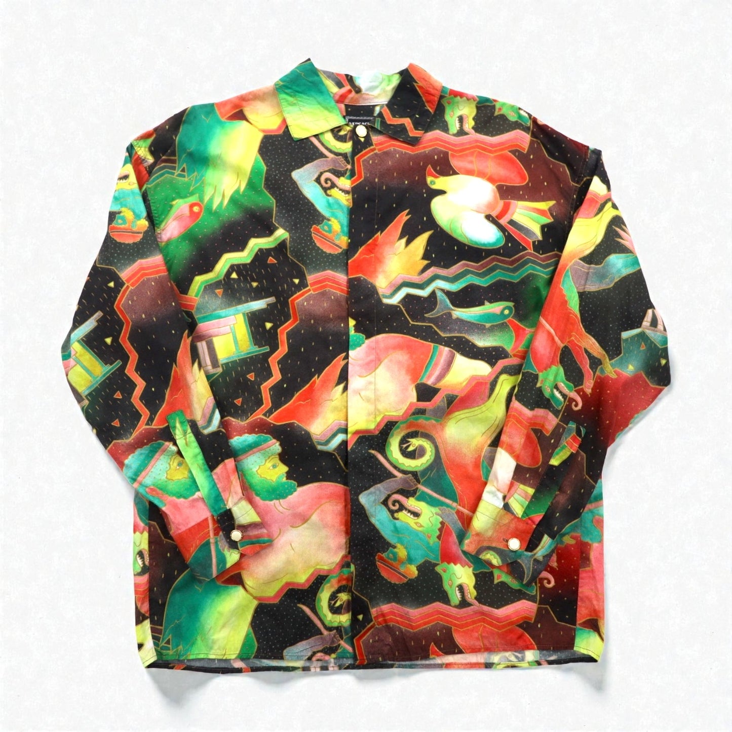 VERSACE 80年代 イタリア製 シャツ S マルチカラー 総柄 アート 比翼 VERSACE JEANS COUTURE