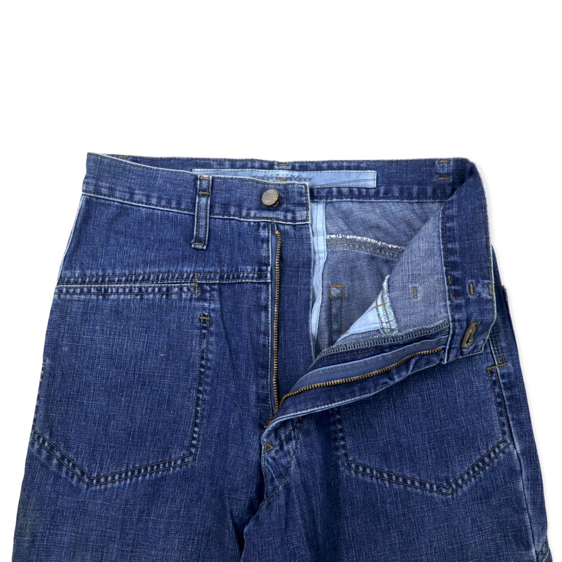MARITHE FRANCOIS GIRBAUD Baggy Tapered Denim Pants S Blue Cotton Zipper Fly Made in Japan