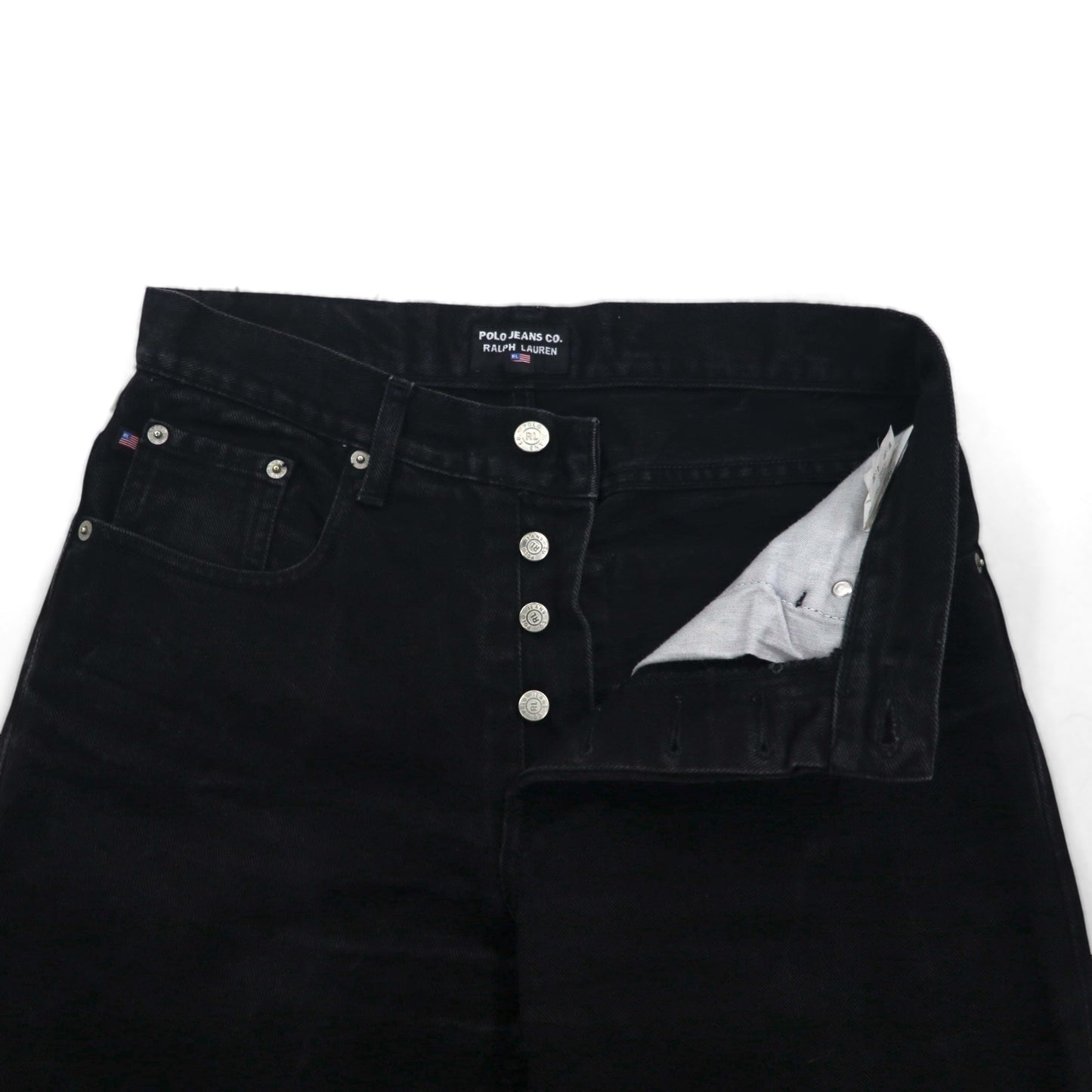 POLO JEANS CO. RALPH LAUREN 90s Straight Denim Pants, Size M, Black, Button Fly, Leather Patch, Made in Morocco