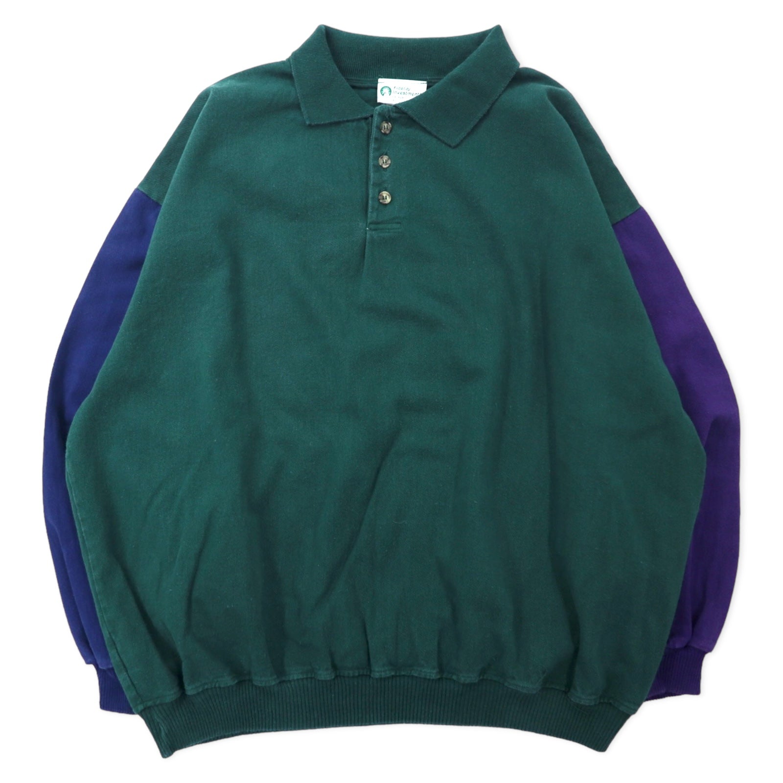 日本然リトテ-古着オンライン-Fidelity Investments カナダ製 ポロスウェット シャツ XL グリーン コットン キャンバス 袖刺繍 ビッグサイズ-Fidelity Investments Canada MADE Polo Sweatshirt Shirt XL Green Cotton Canvas Sleeve Embroidery Big Size