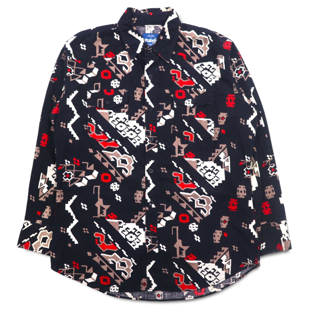 Wrangler 90s Native American Print Western Shirt, Large, Black, Cotton, Flap Chest Pocket