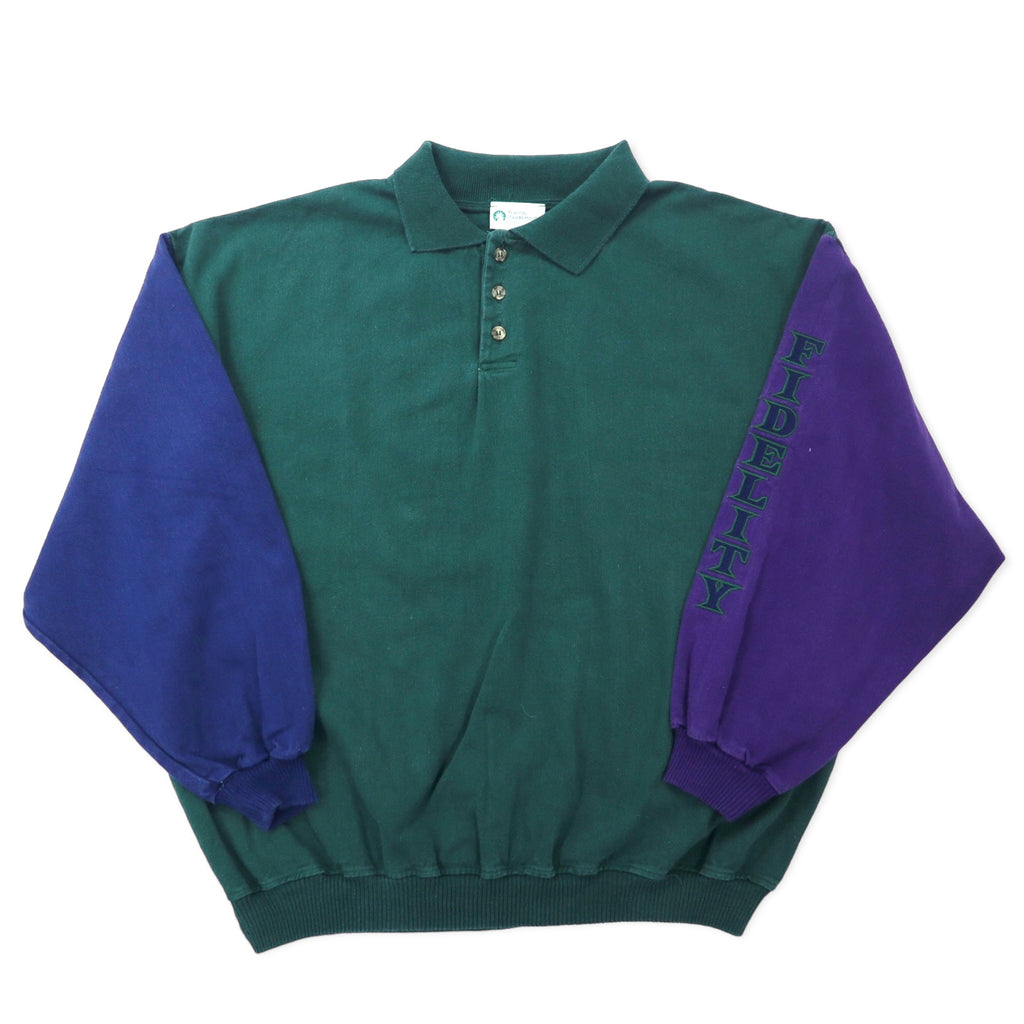 Fidelity Investments カナダ製 ポロスウェット シャツ XL グリーン コットン キャンバス 袖刺繍 ビッグサイズ