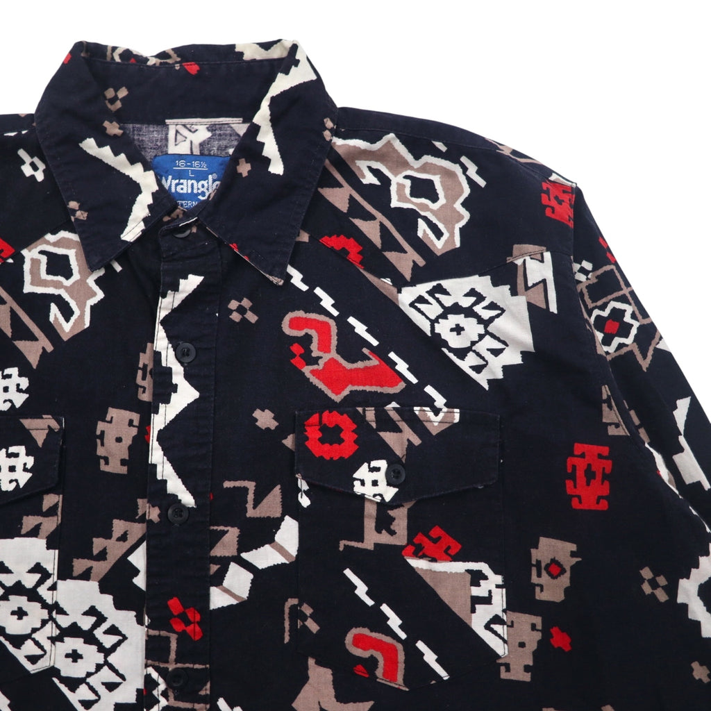 Wrangler 90s Native American Print Western Shirt, Large, Black, Cotton, Flap Chest Pocket
