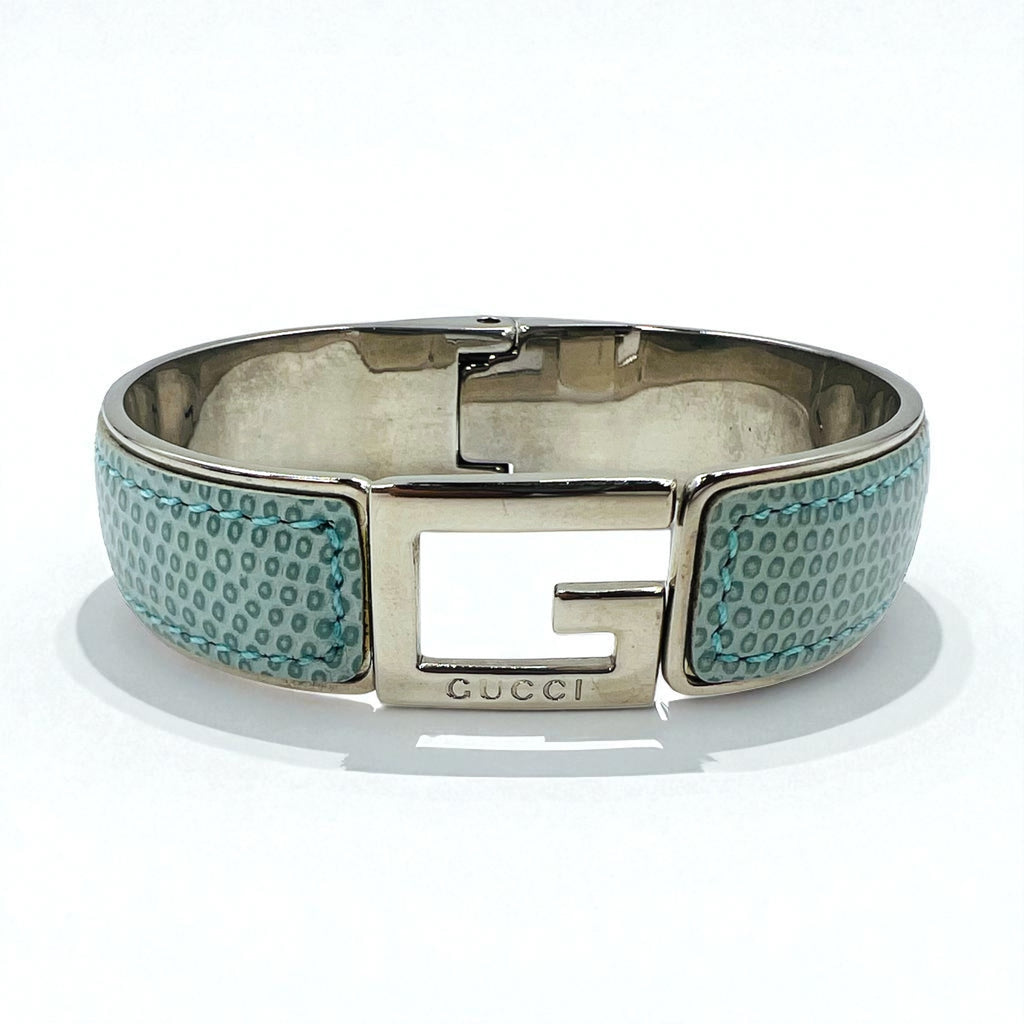 GUCCI Lizard Leather G Logo Bracelet Bangle Blue Silver Made in Italy