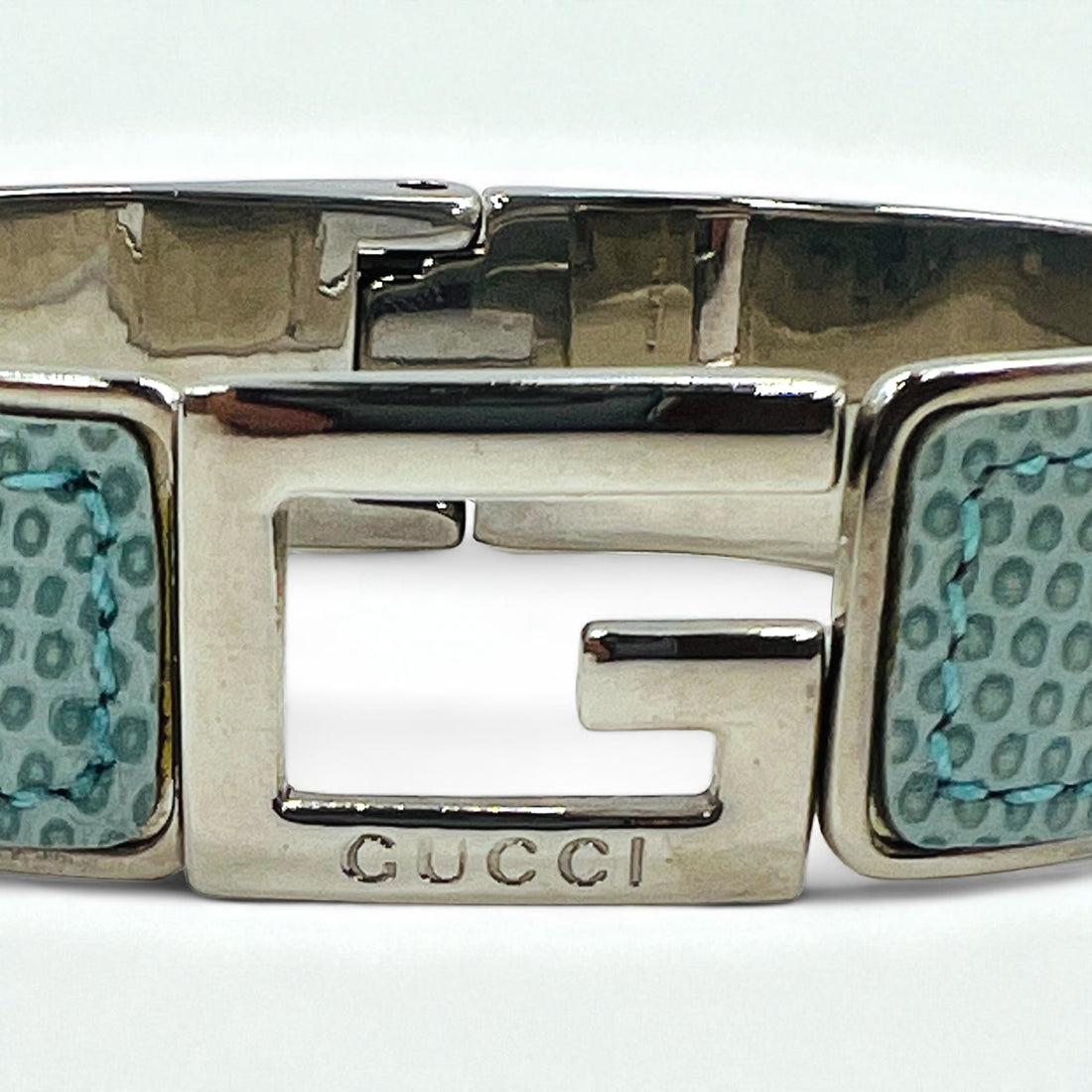 GUCCI Lizard Leather G Logo Bracelet Bangle Blue Silver Made in Italy