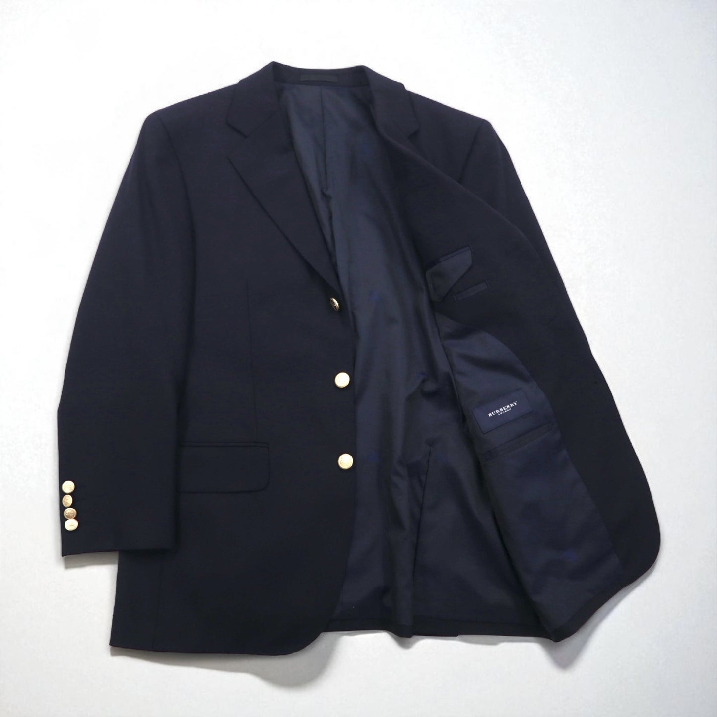 BURBERRY カシミヤ混 3B テーラードジャケット ブレザー 紺ブレ S ネイビー ウール 羊毛 金ボタン 日本製