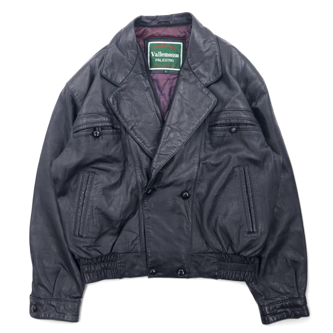90s Vallemosso Shawl Collar Double-breasted Shearling Jacket L Black Sheepskin Lambskin Quilted Liner Detachable Collar