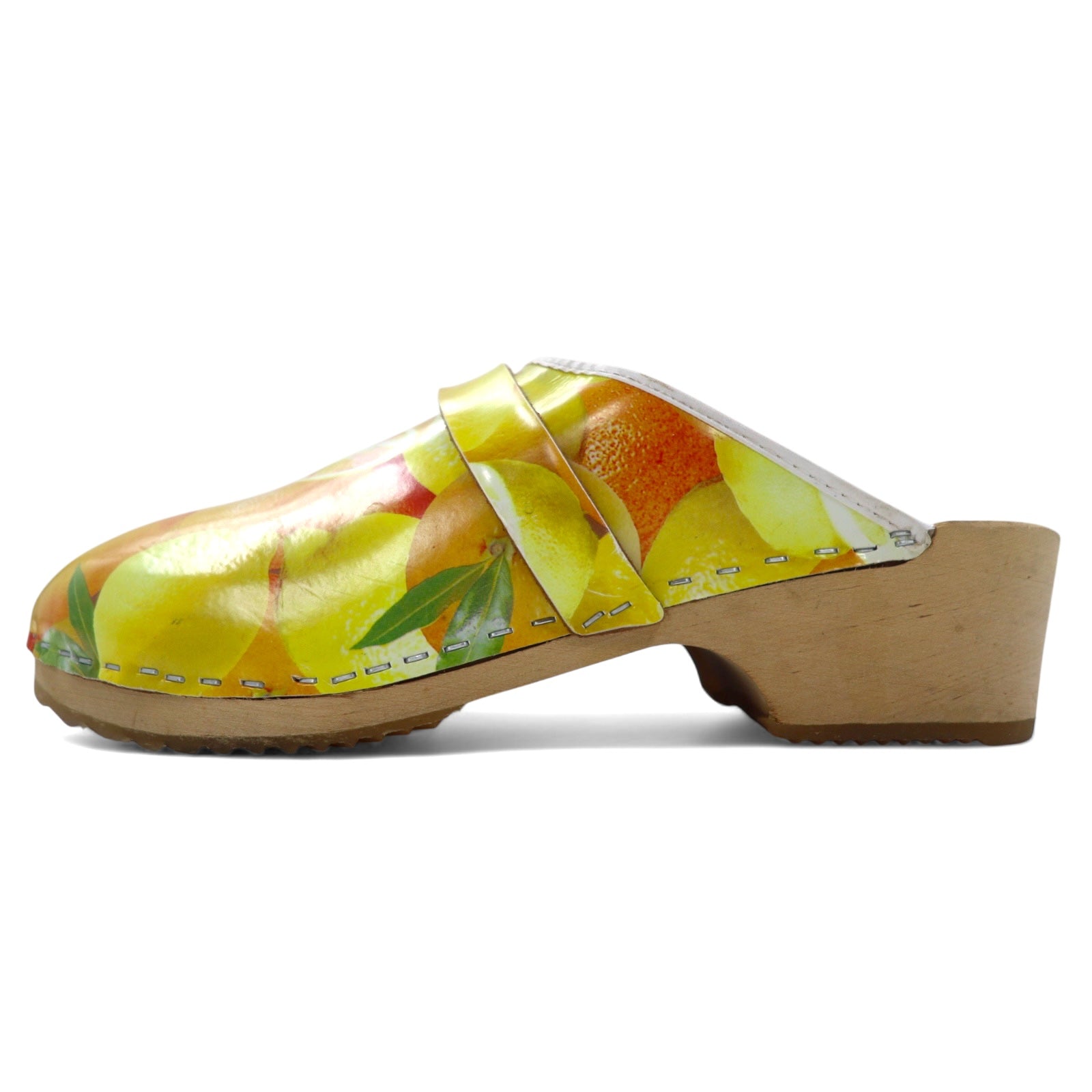 日本然リトテ-古着オンライン-MOHEDA TOFFELN スウェーデン製 サボ サンダル 25cm オレンジ レザー 総柄 フルーツ-MOHEDA TOFFELN Sweden Made Sabot Sandals US7 Orange Leather Patterned Fruit