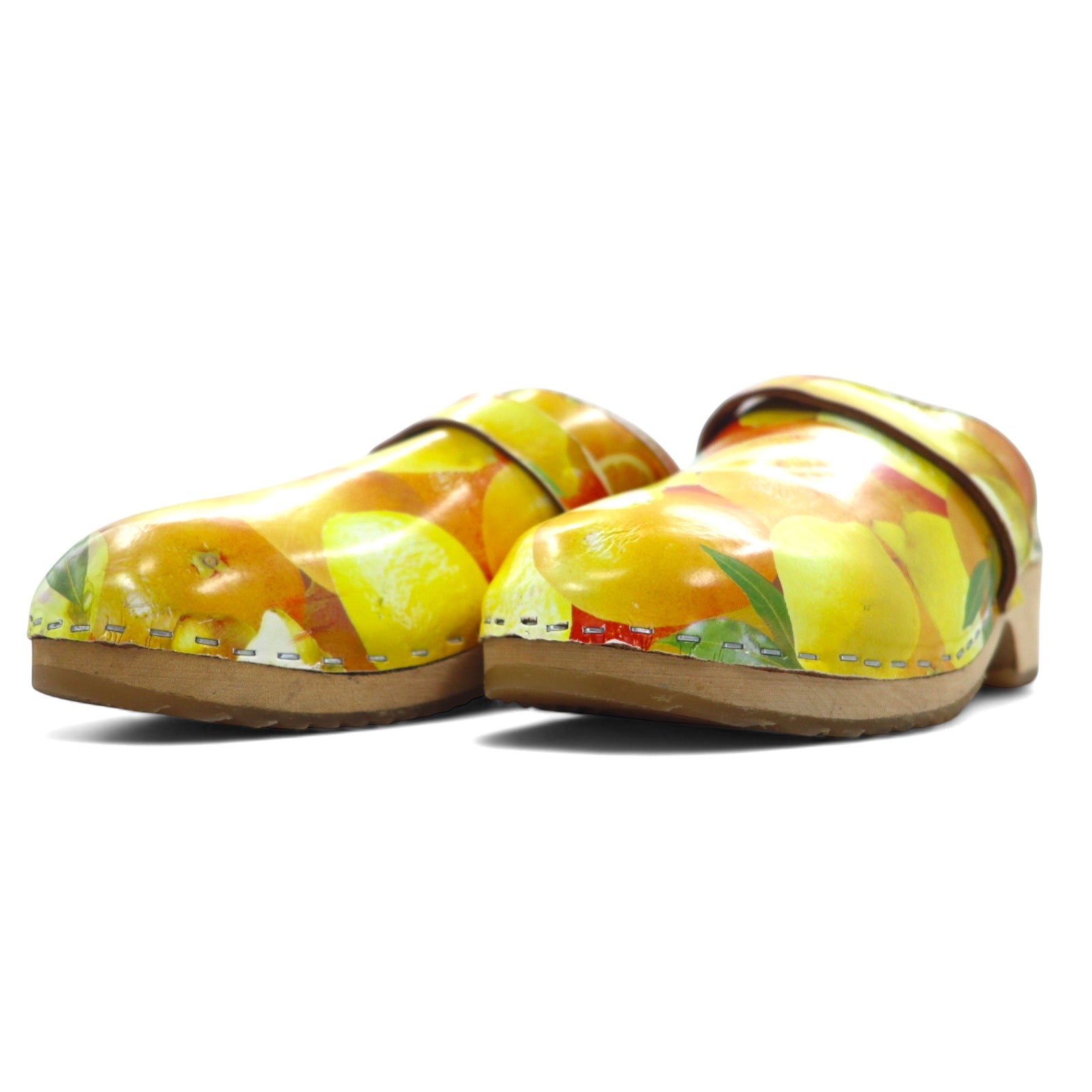 MOHEDA TOFFELN Swedish clog sandals 25cm orange leather all-over fruit pattern