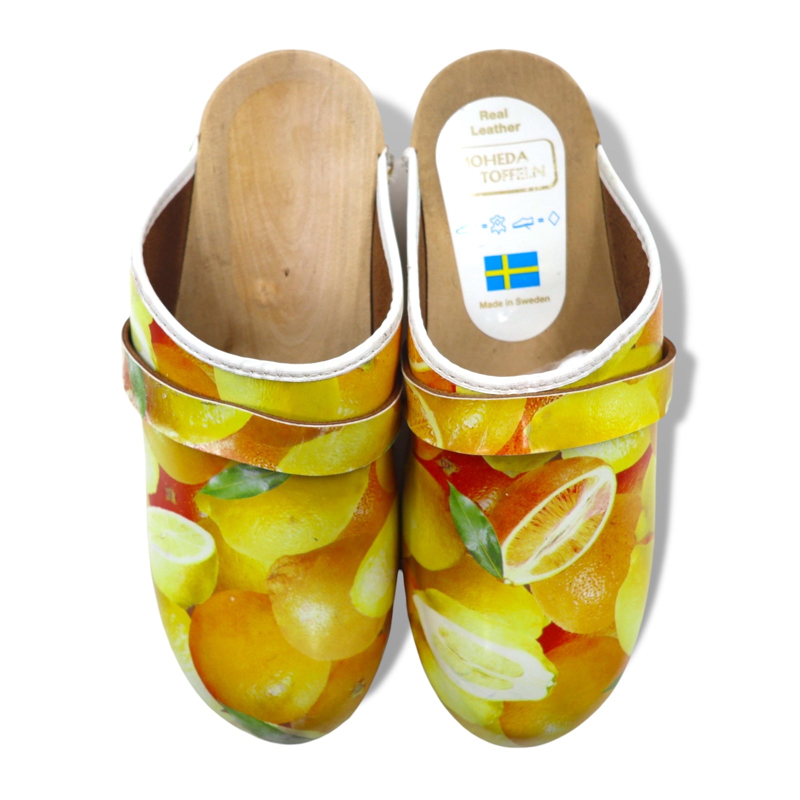 MOHEDA TOFFELN Swedish clog sandals 25cm orange leather all-over fruit pattern