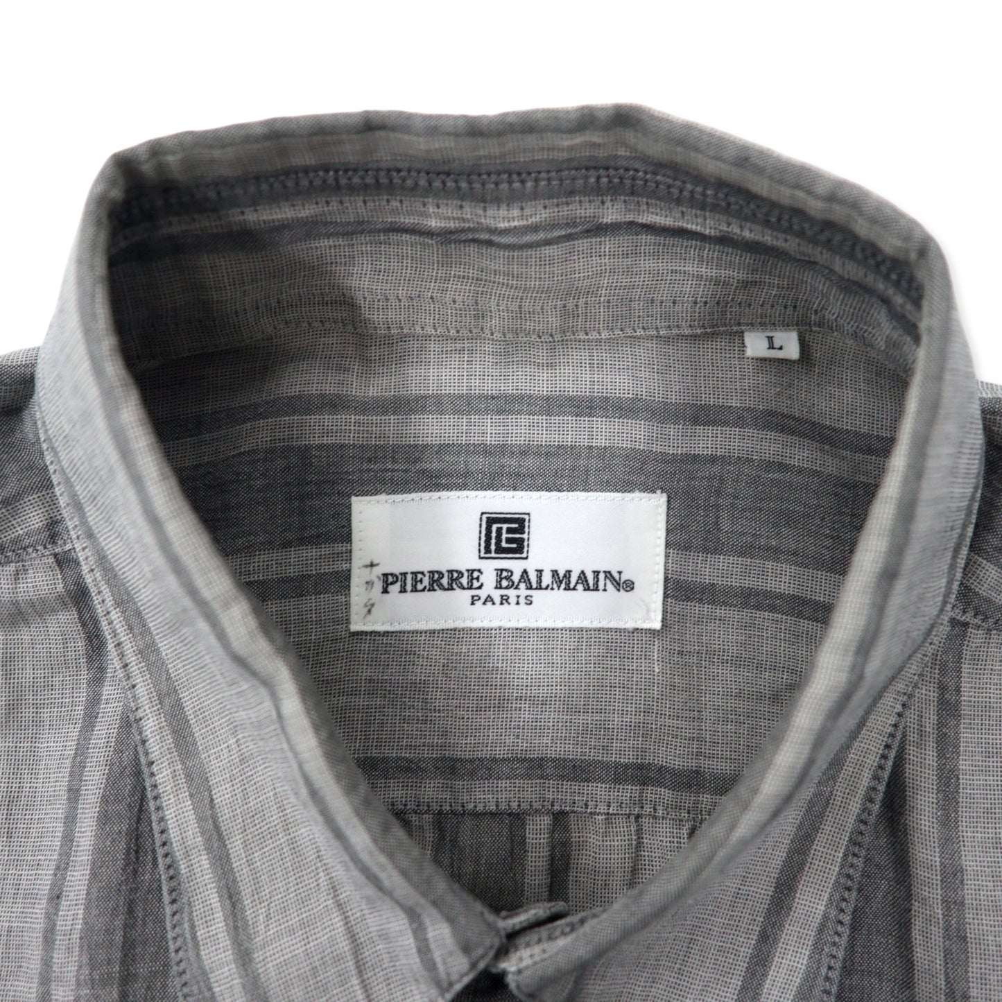 PIERRE BALMAIN ストライプ ドレスシャツ L グレー コットン リネン混 日本製