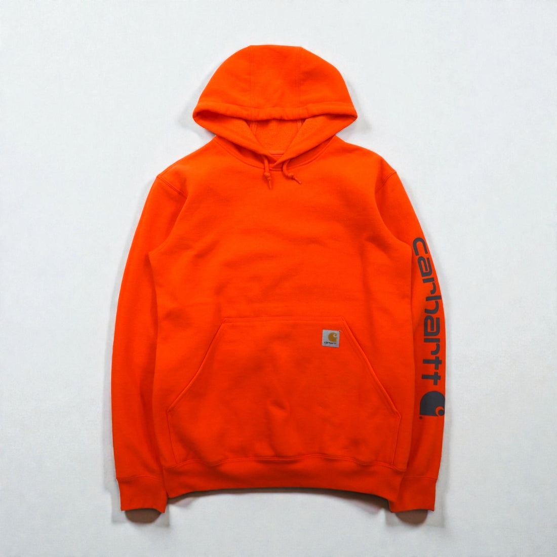 Carhartt Pullover Hoodie L Orange Sleeve Logo Print Kangaroo Pocket K288